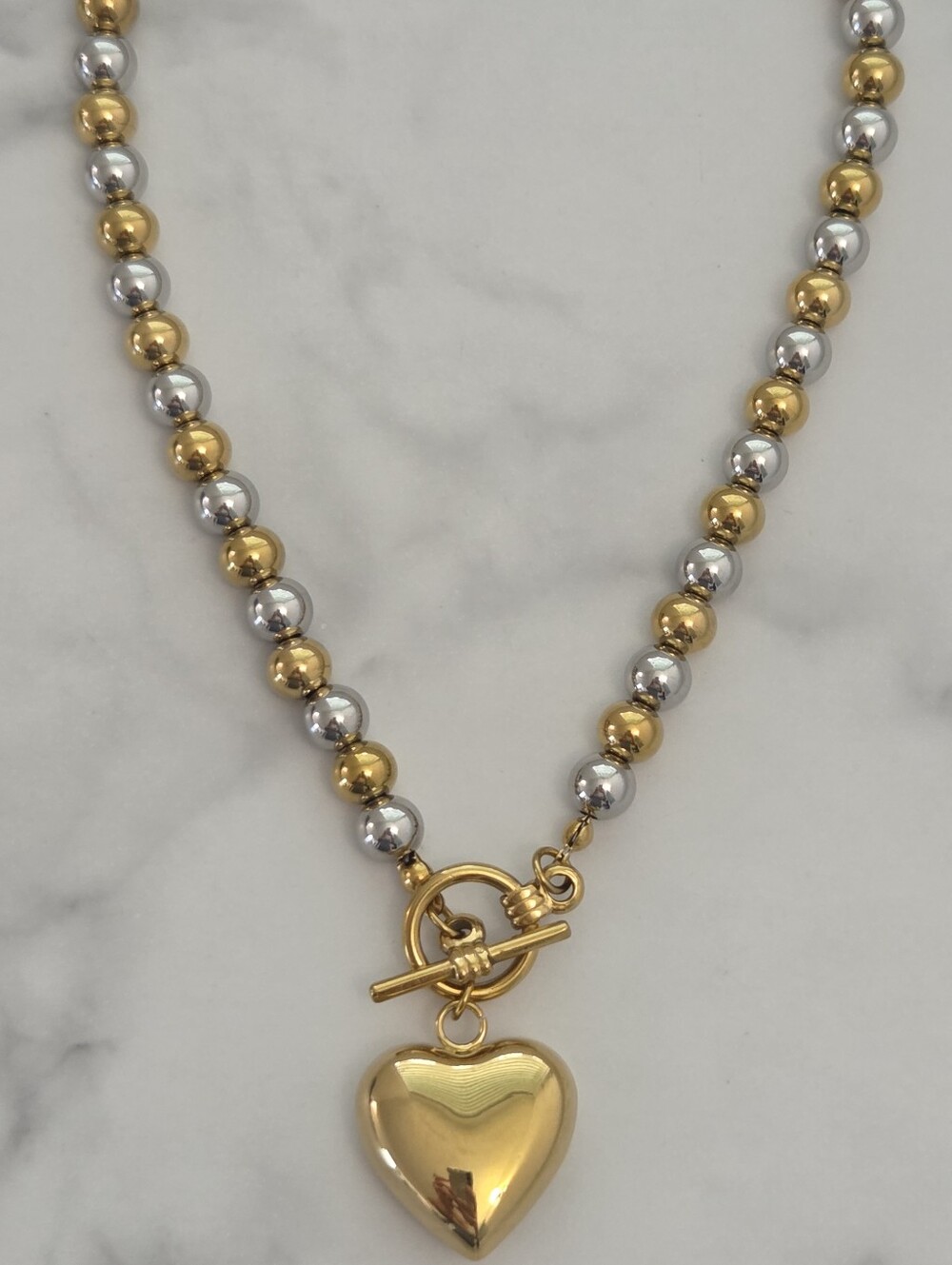 Two Tone Gold Silver Beaded Heart Pendant Toggle Necklace - Picture 6 of 14